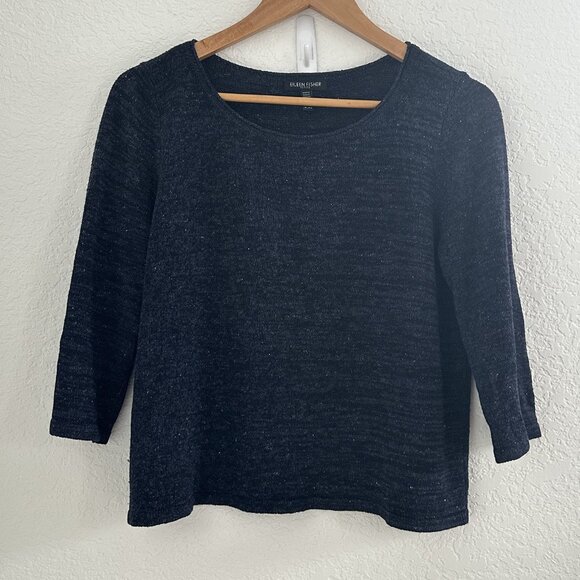 Eileen Fisher Sweater Womens Petite L Navy 3/4 Sleeve Silk Pullover Old Money - Picture 1 of 8